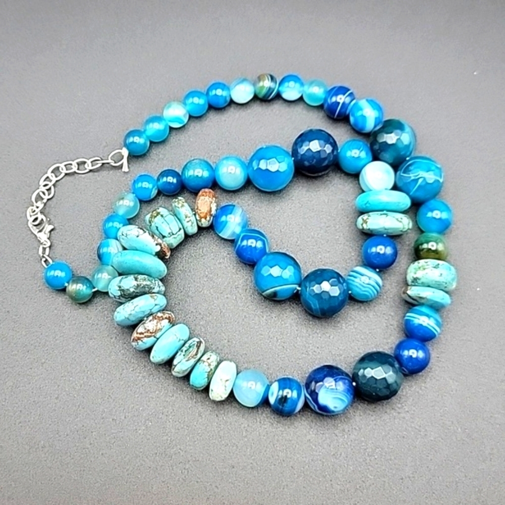 Untreated 495 Cts Natural Turquoise & Onyx Beaded Gemstone Necklace Unisex #1 - Picture 6 of 10